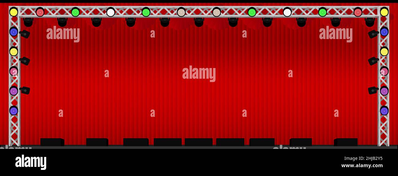 theater or concert stage with red curtain and structure steel and many color spotlight and speaker monitor. for party varity. vector illustration eps1 Stock Vector