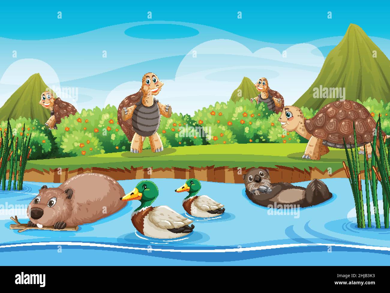 River in the forest with wild animals illustration Stock Vector Image ...