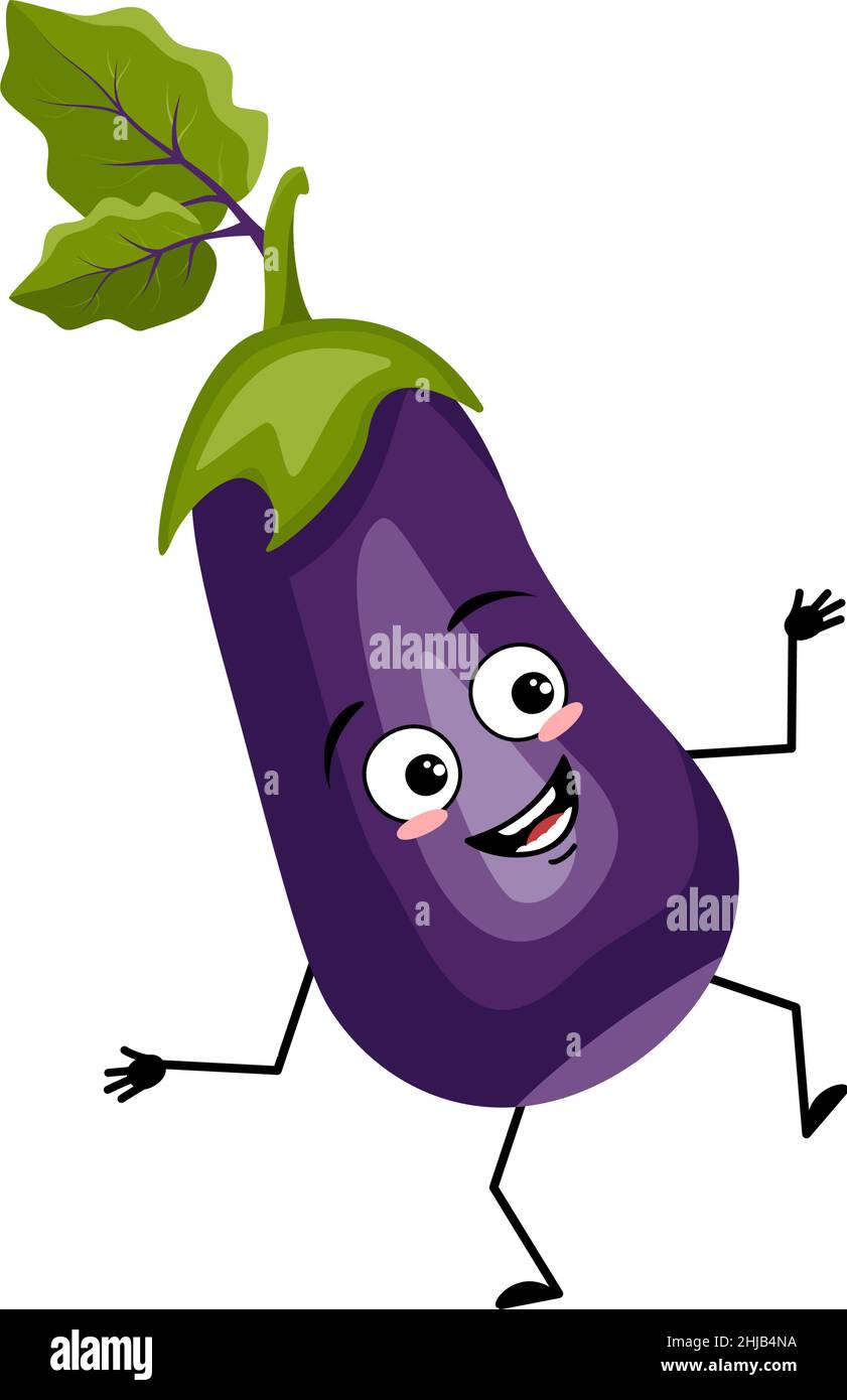 Eggplant character with happy emotion, joyful face, smile eyes, arms