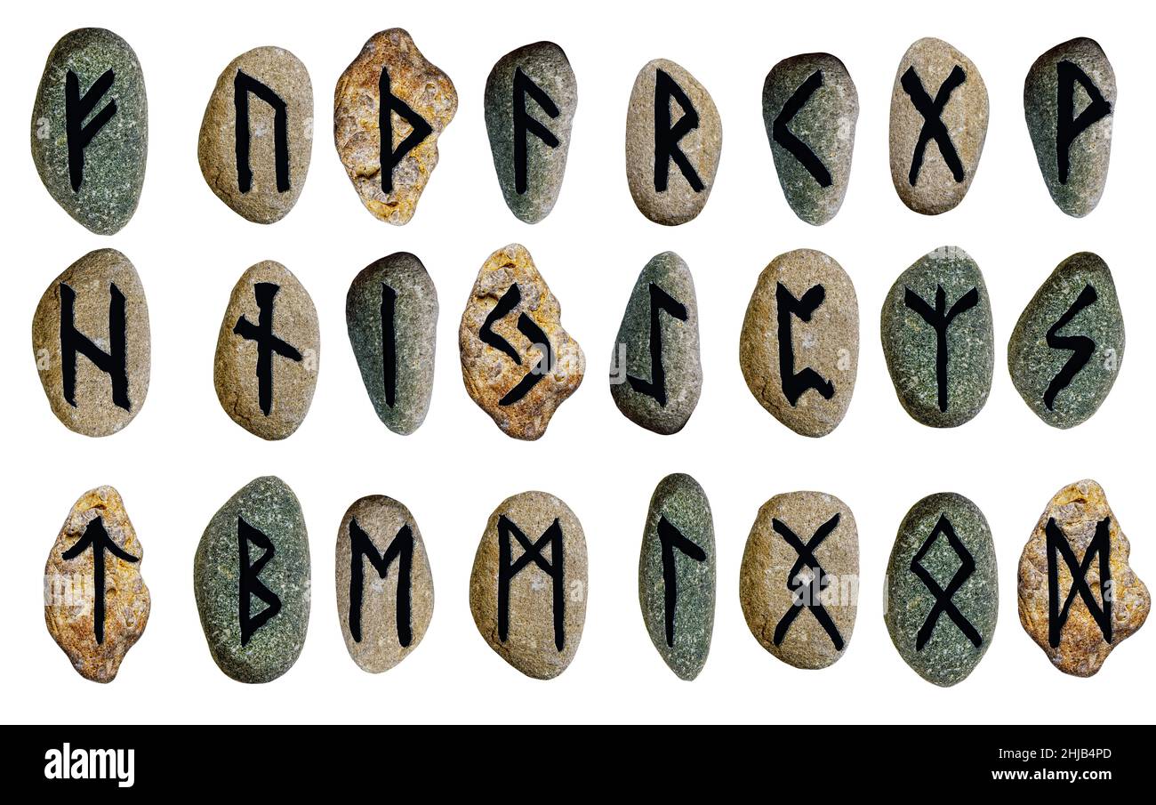 set of scandinavian viking alphabet runes on stones isolated on white background Stock Photo
