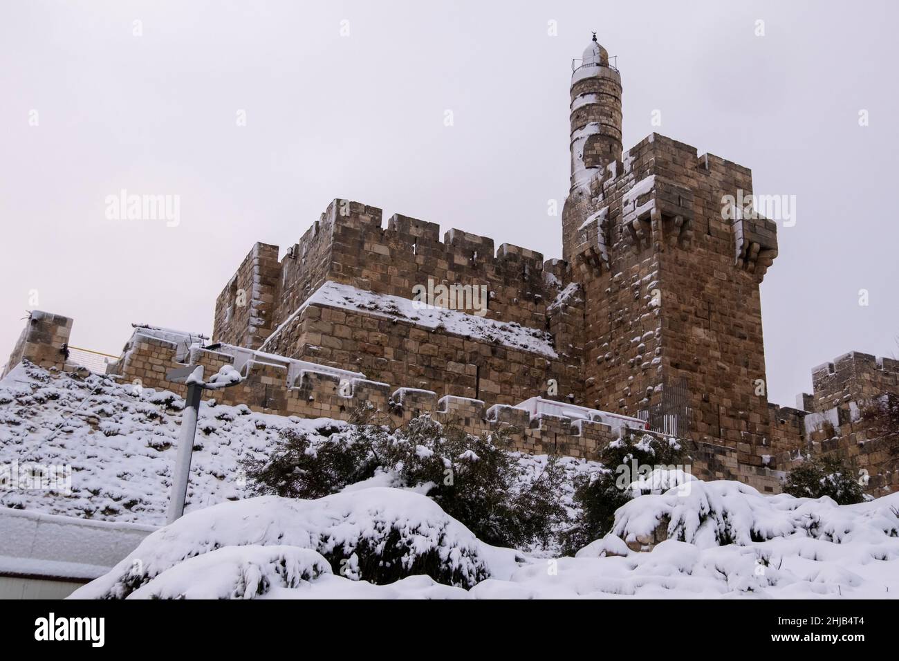 Snow covers Tower of David or Jerusalem Citadel at the western edge of ...