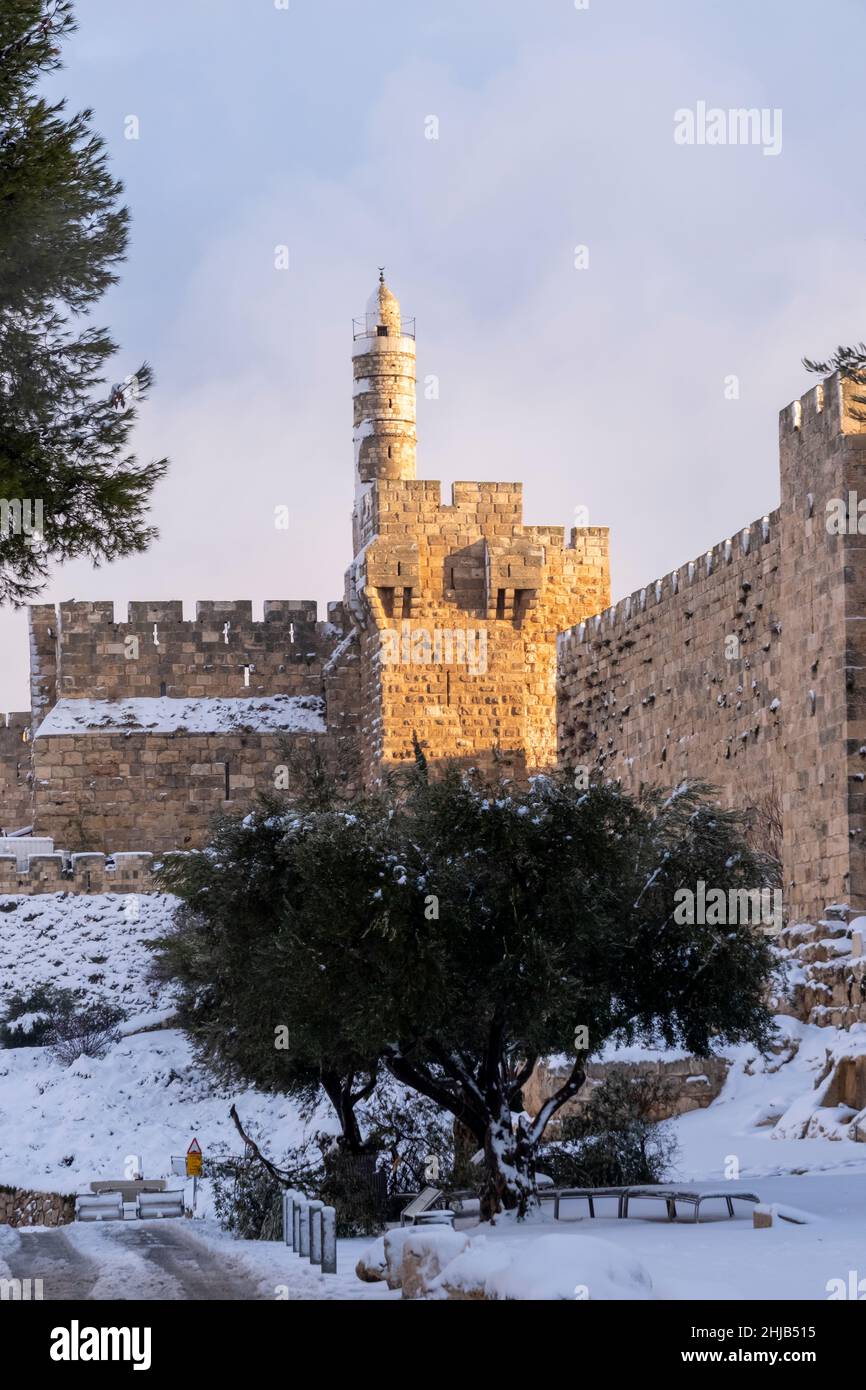Snow covers Tower of David or Jerusalem Citadel and Mount Zion ...
