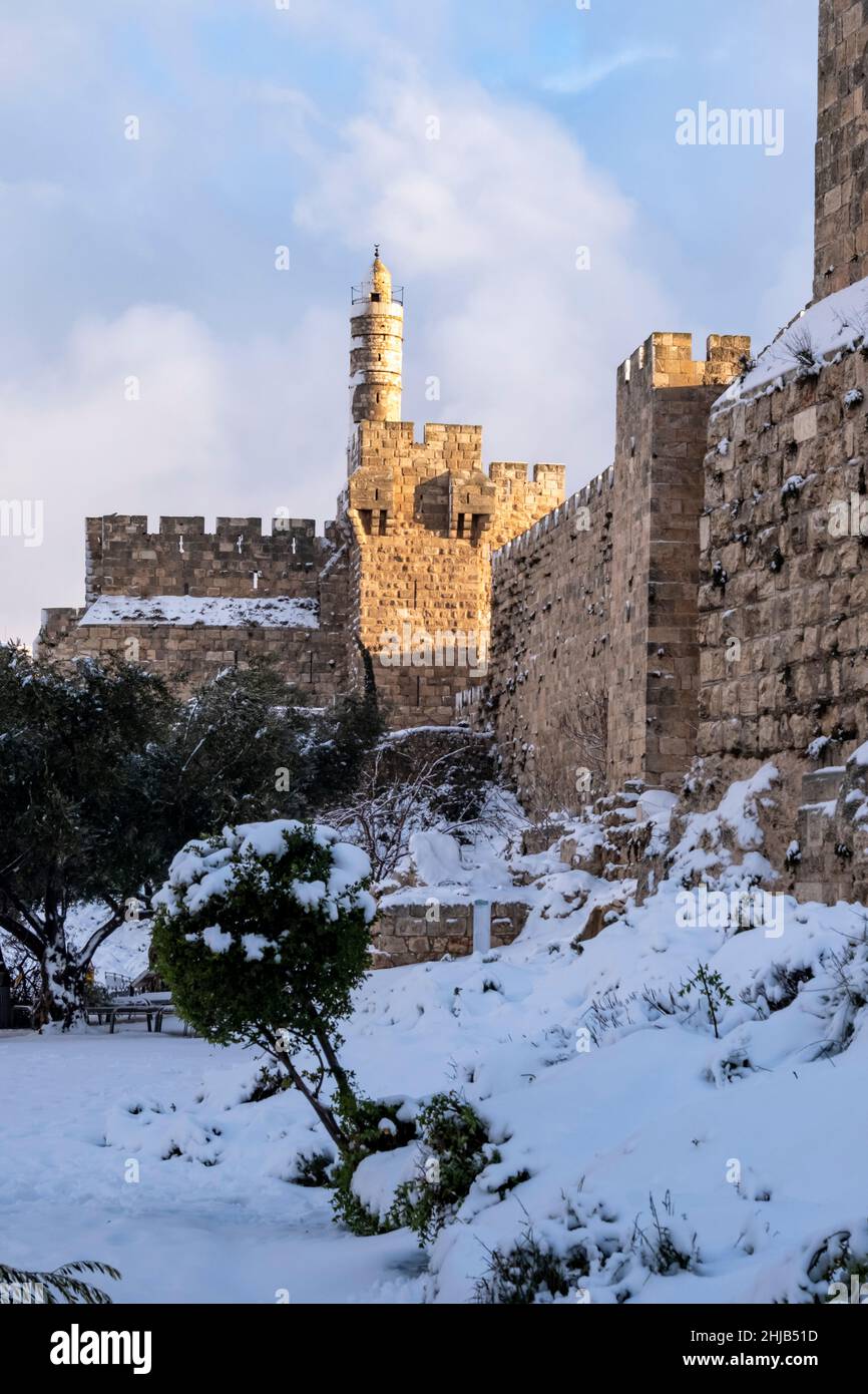Snow covers Tower of David or Jerusalem Citadel and Mount Zion ...