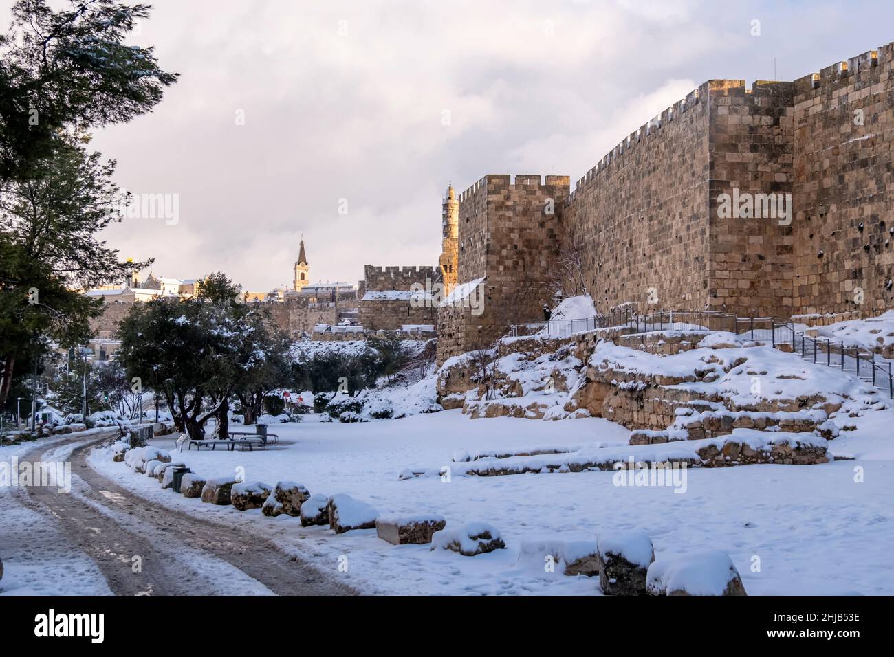 Snow covers Tower of David or Jerusalem Citadel and Mount Zion ...