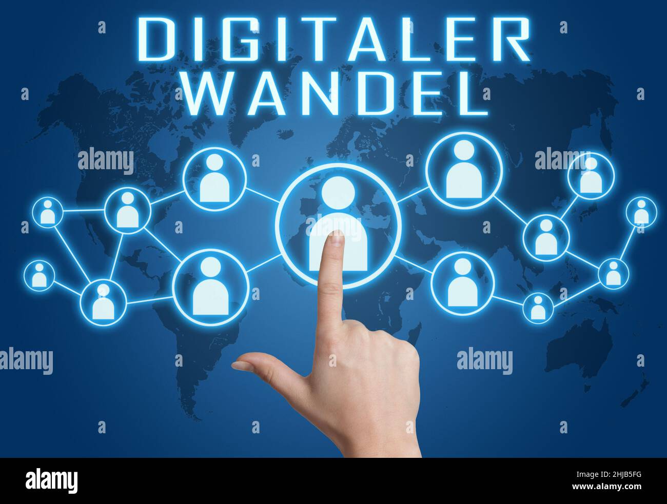 Digitaler Wandel - german word for digital change or digital business transformation - text concept with hand pressing social icons on blue world map Stock Photo