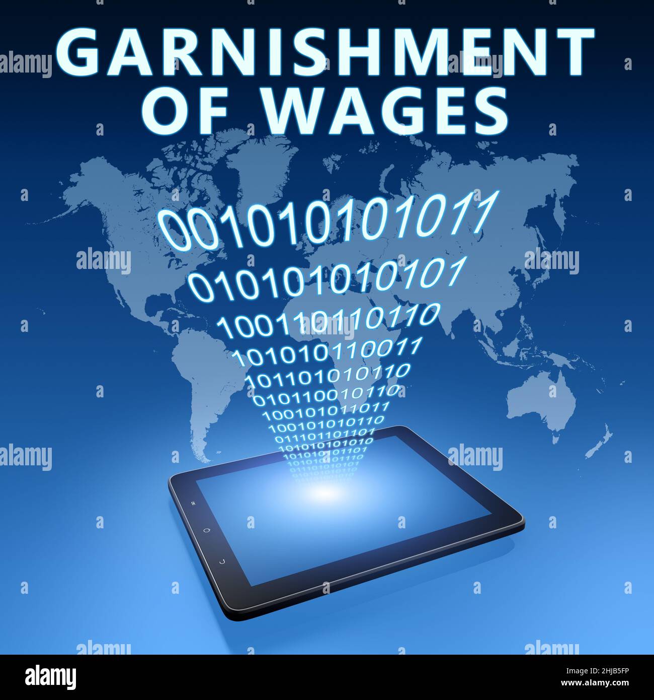 Garnishment of Wages text concept with tablet computer on blue wolrd
