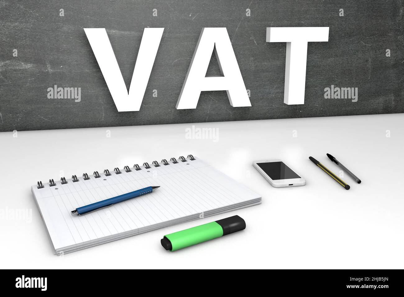 VAT Valueadded Tax text concept with chalkboard, notebook, pens