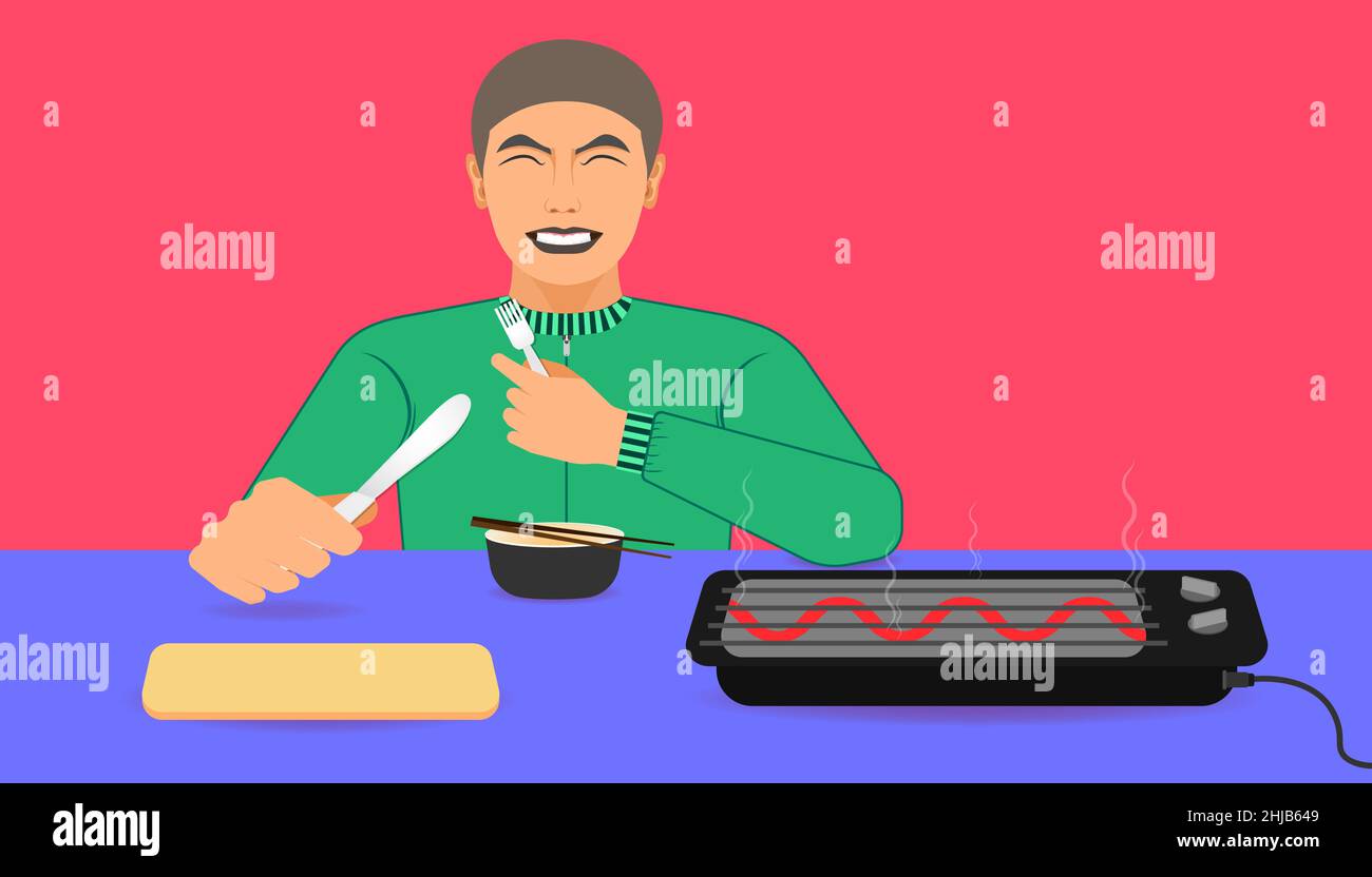 free space on the chalice butcher and electric toaster for your food promotion. a man happy while eating meal recommended. on left hand holding a spoo Stock Vector