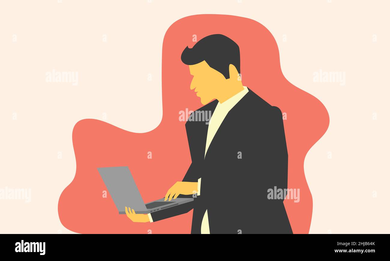 a man looking at laptop on hand for working. vector illustration eps10 Stock Vector