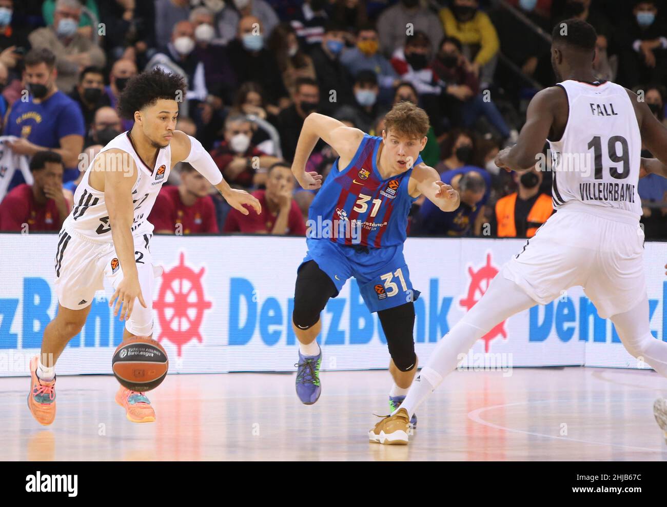 Barcelona, Spain. 27th Jan, 2022. Matthew Strazel of Lyon - Villeurbanne  and Rokas Jokubaitis of FC Barcelona during the Turkish Airlines EuroLeague  basketball match between FC Barcelona and LDLC ASVEL on January