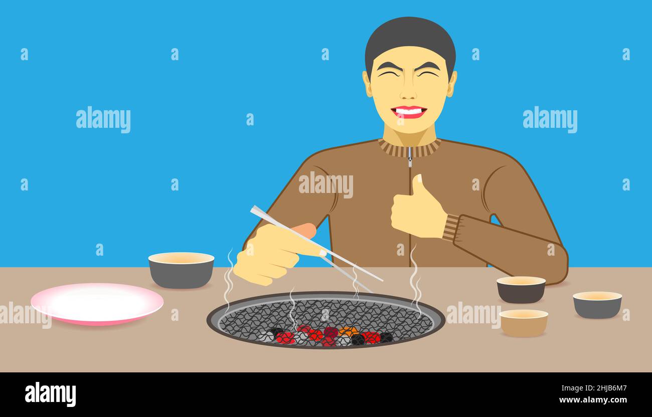 free space on the chalice dish and charcoal toaster for your food promotion. a man happy while eating meal recommended and acting give a like on left Stock Vector