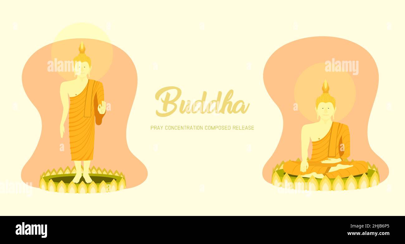monk phra buddha sitting and standing on lotus base for pray concentration composed release. pastel color background. vector illustration eps10 Stock Vector