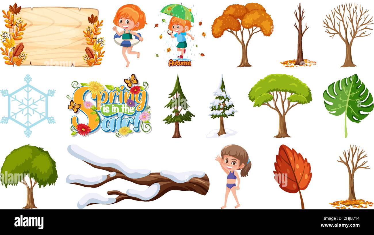 Set of four seasons trees and nature objects illustration Stock Vector ...