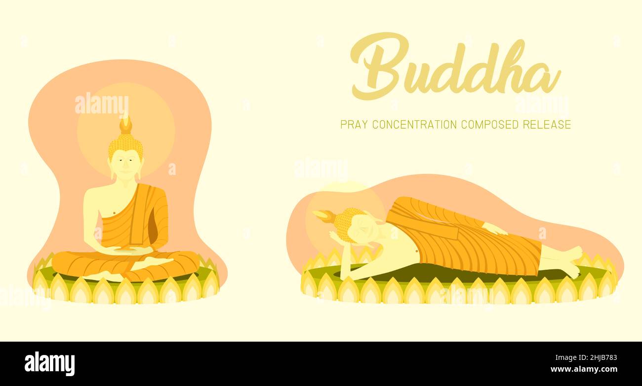 monk phra buddha sitting and sleeping on lotus base for pray concentration composed release. pastel color background. vector illustration eps10 Stock Vector