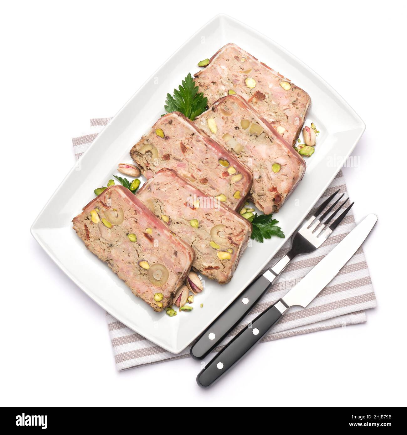 Sliced Traditional French terrine covered with bacon isolated on white background Stock Photo