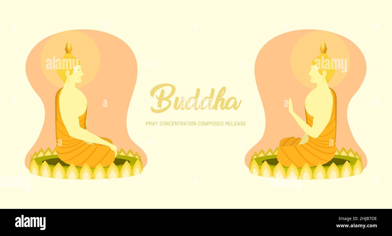monk phra buddha left right side view sitting on lotus base for pray concentration composed release. pastel color background. vector illustration eps1 Stock Vector