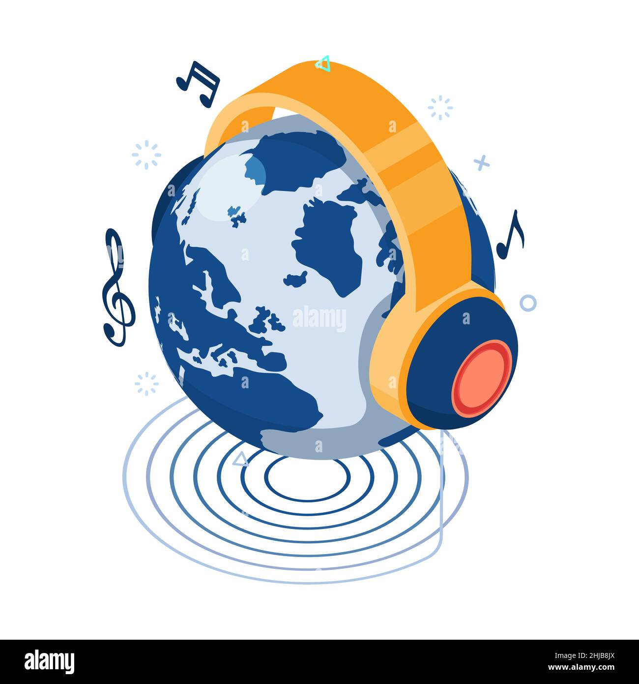 Flat 3d Isometric Earth Globe with Headphone. World Music Day Concept
