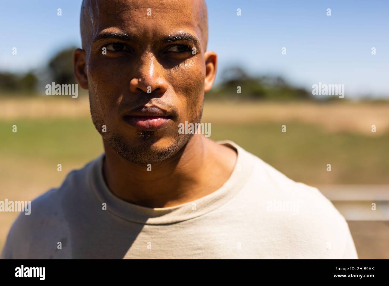 Close up of african american male soldier at boot camp Stock Photo