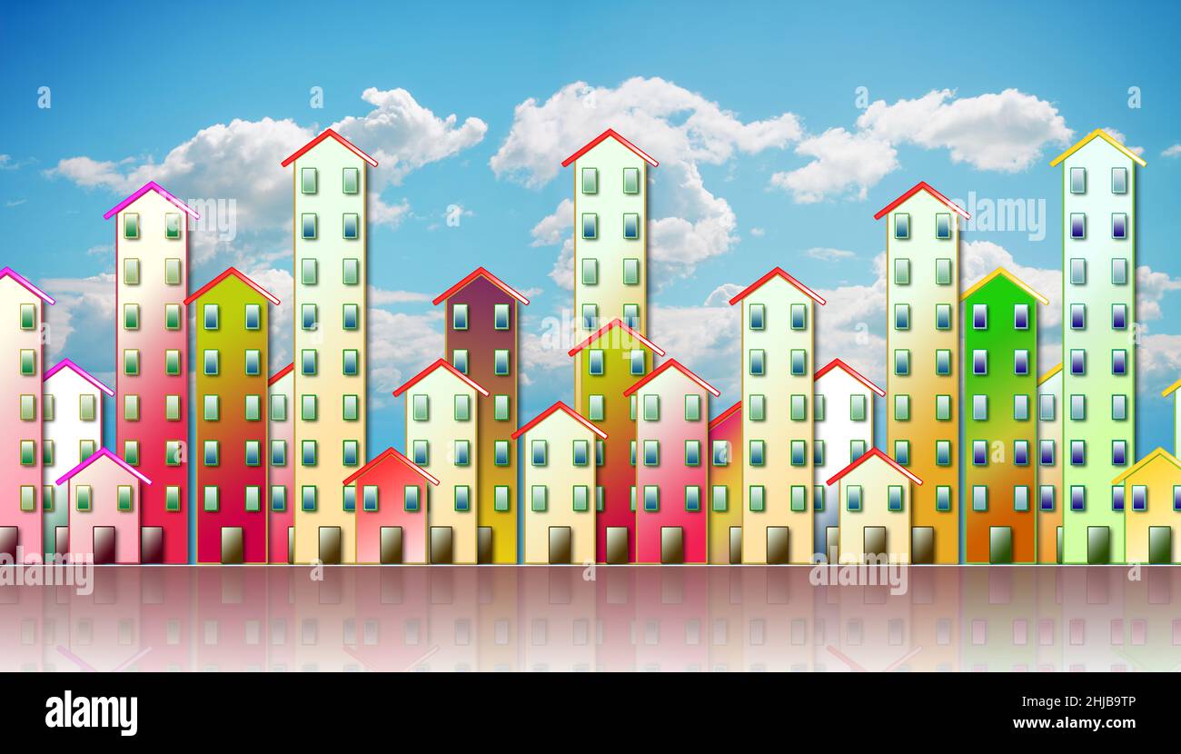 Colored urban agglomeration of a suburb - concept illustration against a cloudy sky Stock Photo