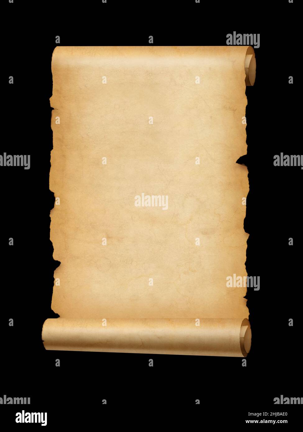 Old mediaeval paper sheet. Parchment scroll isolated on black background Stock Photo