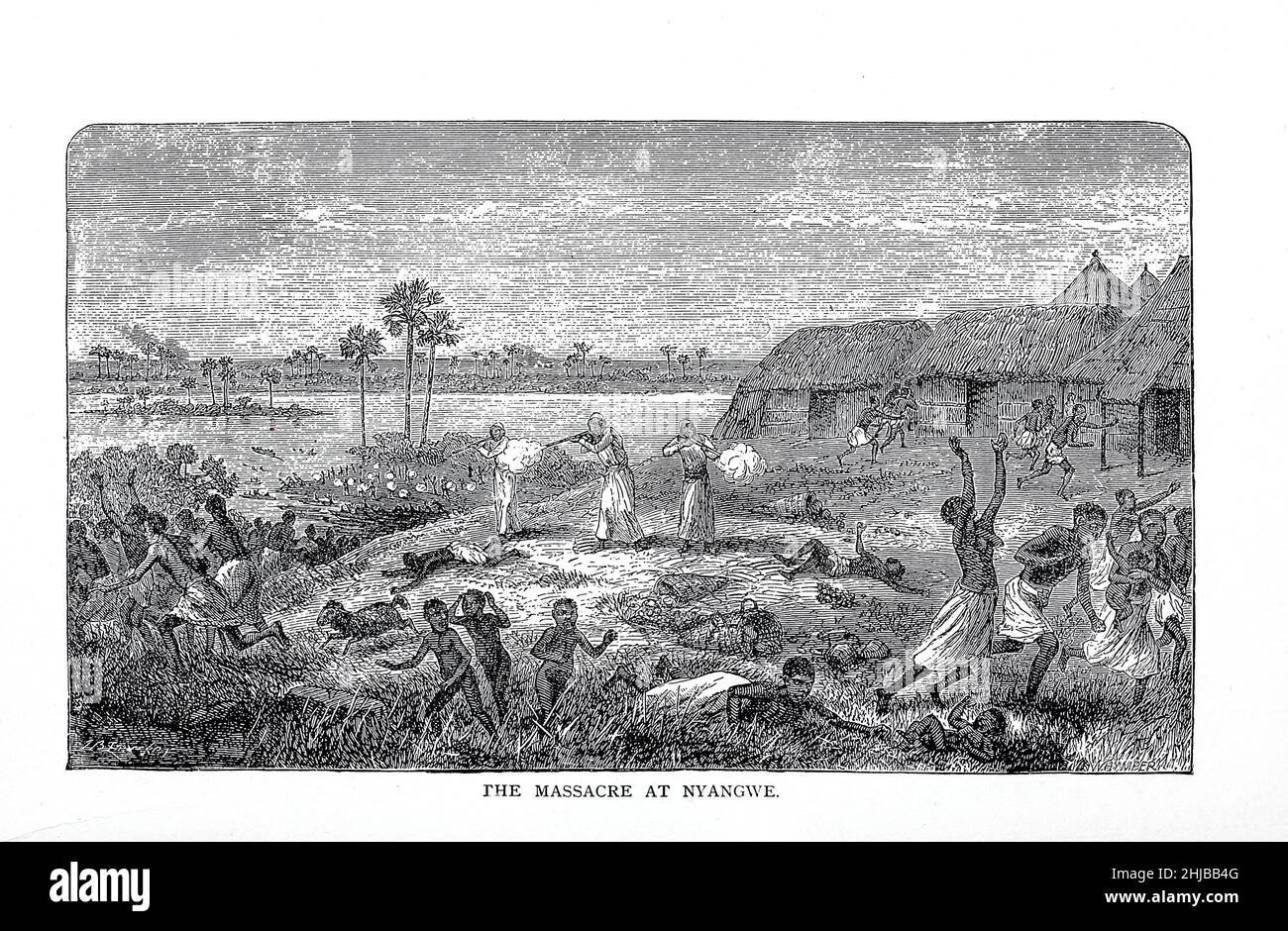 The Massacre at Nyangwe by Arab Slavers from the book Stanley in Africa. The wonderful discoveries and thrilling adventures of the great African explorer, and other travelers, pioneers and missionaries by James Penny Boyd, Publisher: Philadelphia, Pa.; St. Louis, Mo., P. W. Ziegler & co in 1889 Stock Photo