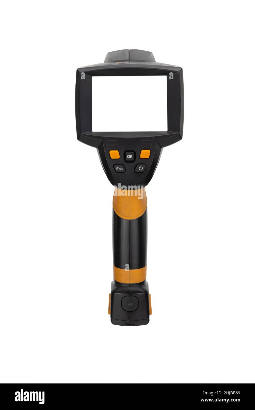 thermal imager on a white background. device for monitoring the temperature distribution of the investigated surface.  Stock Photo