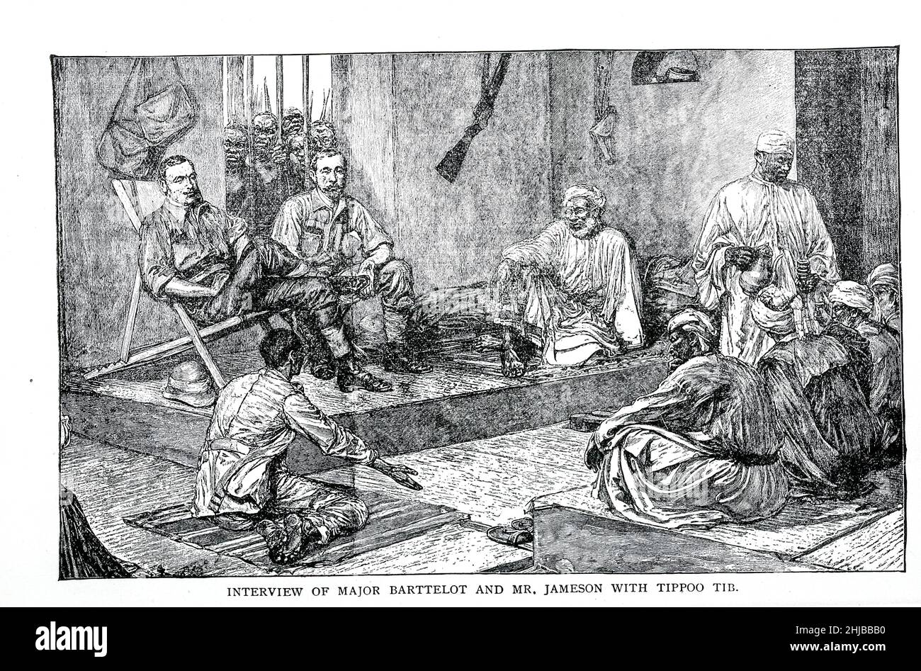 Interview of major Barttelot and Mr. Jameson with Tippoo Tib from the book Stanley in Africa. The wonderful discoveries and thrilling adventures of the great African explorer, and other travelers, pioneers and missionaries by James Penny Boyd, Publisher: Philadelphia, Pa.; St. Louis, Mo., P. W. Ziegler & co in 1889 Stock Photo