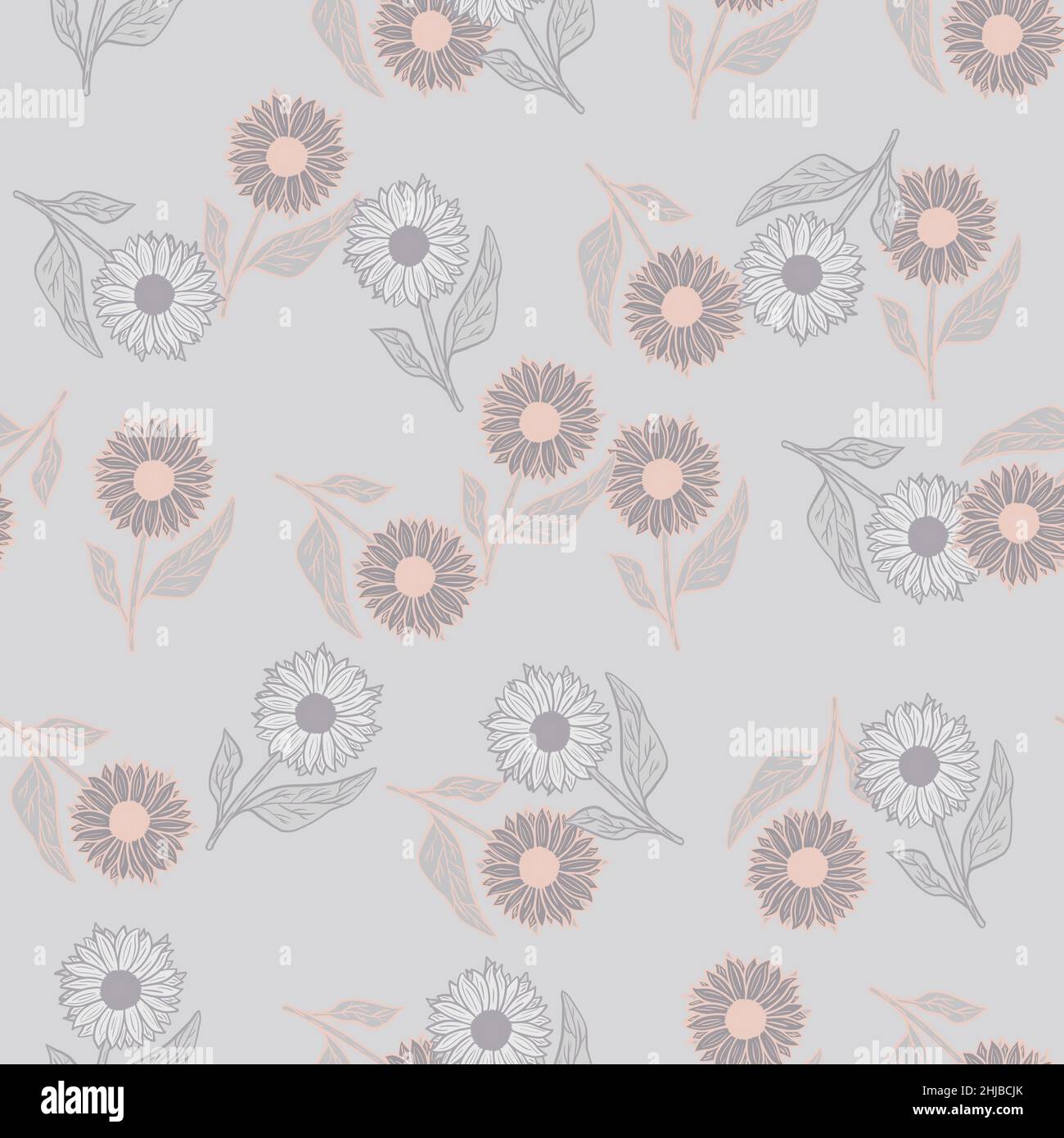 Pale palette seamless pattern with doodle simple sunflowers silhouettes. Scrapbook nature print. Graphic design for wrapping paper and fabric textures Stock Vector