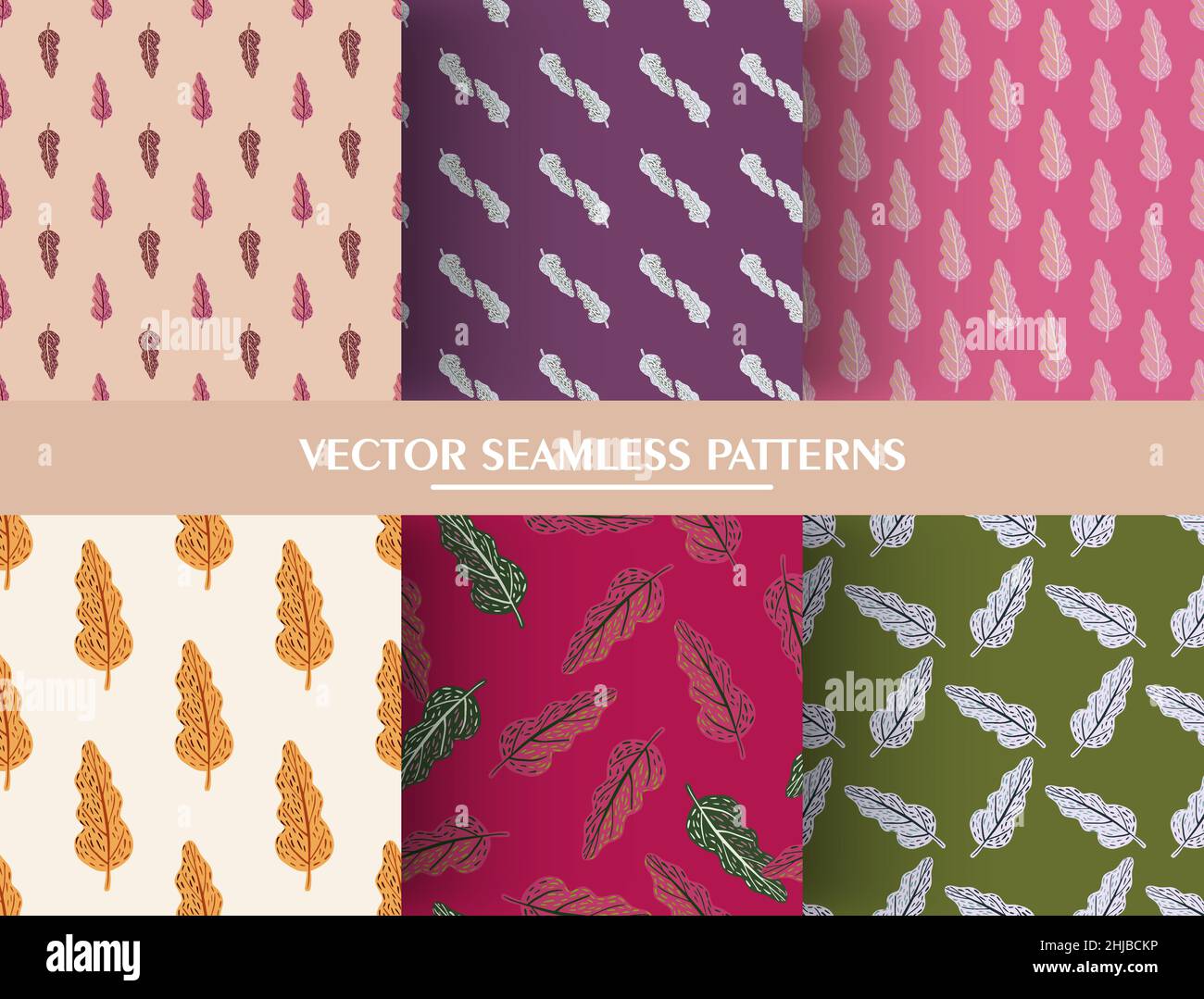 Set of seamless doodle pattern with leaf elements. Shapes simple ...