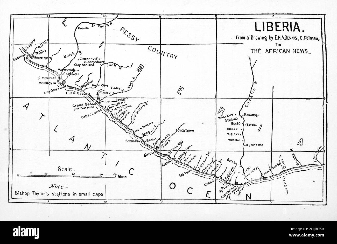 Ancient Map of the coast of Liberia from the book Stanley in Africa. The wonderful discoveries and thrilling adventures of the great African explorer, and other travelers, pioneers and missionaries by James Penny Boyd, Publisher: Philadelphia, Pa.; St. Louis, Mo., P. W. Ziegler & co in 1889 Stock Photo