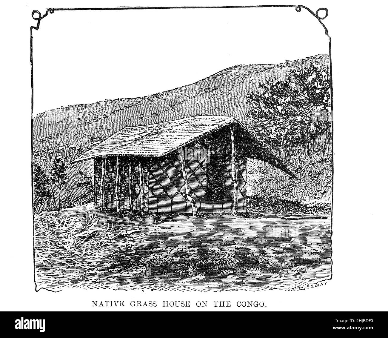 Native Grass House on the Congo from the book Stanley in Africa. The wonderful discoveries and thrilling adventures of the great African explorer, and other travelers, pioneers and missionaries by James Penny Boyd, Publisher: Philadelphia, Pa.; St. Louis, Mo., P. W. Ziegler & co in 1889 Stock Photo