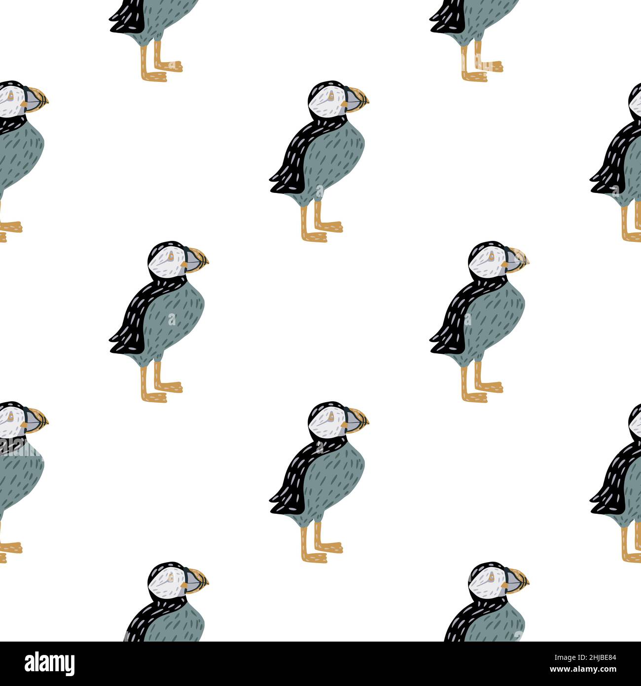 Seamless isolated doodle pattern with kids style puffin bird ornament ...