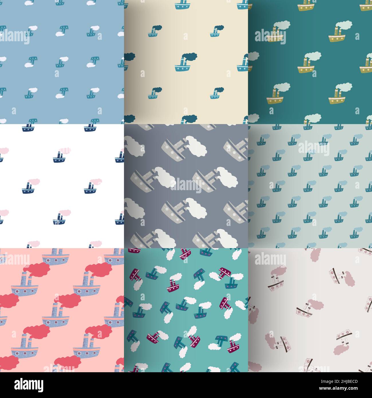 Set of seamless doodle pattern with steamer ship. Travel marine backdrop collection. Doodle vector print for textile, fabric, giftwrap, wallpapers. En Stock Vector