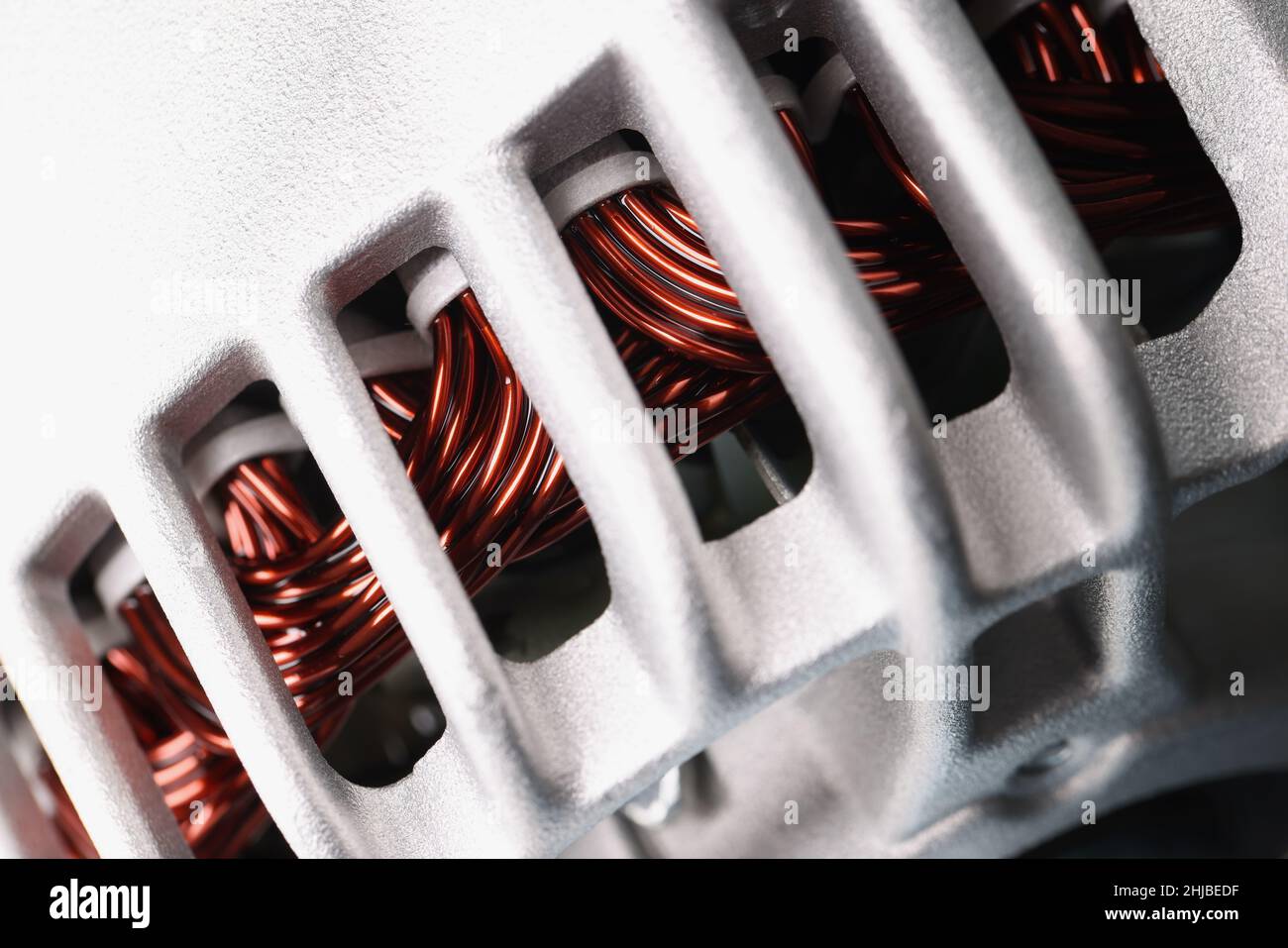 Electric motor stator with winding coil, view of inside of electric