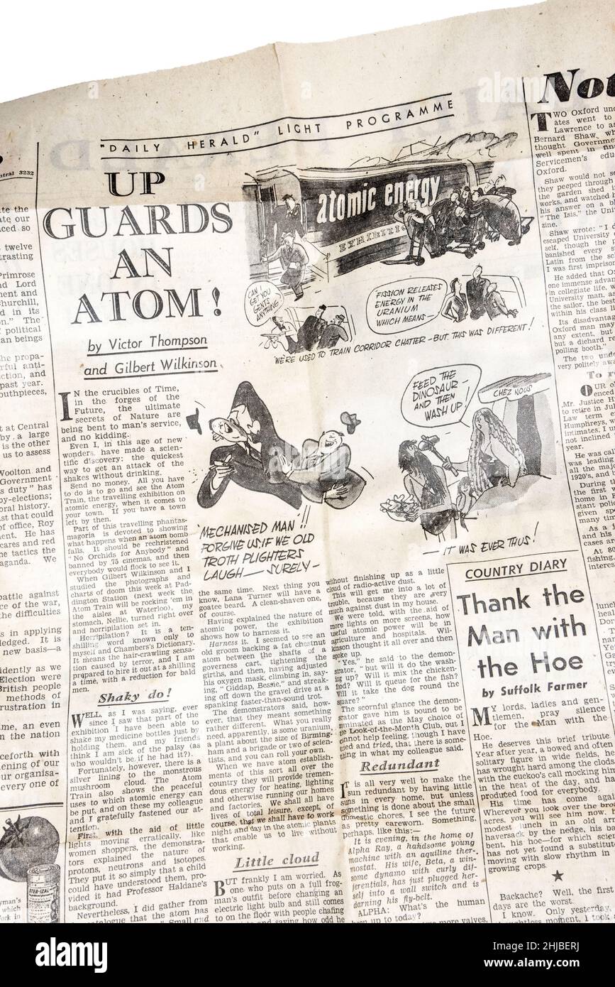 Newspaper article from 1 May 1948 edition of the Daily Herald about a travelling exhibition warning of the dangers of atomic power in post-war Britain Stock Photo