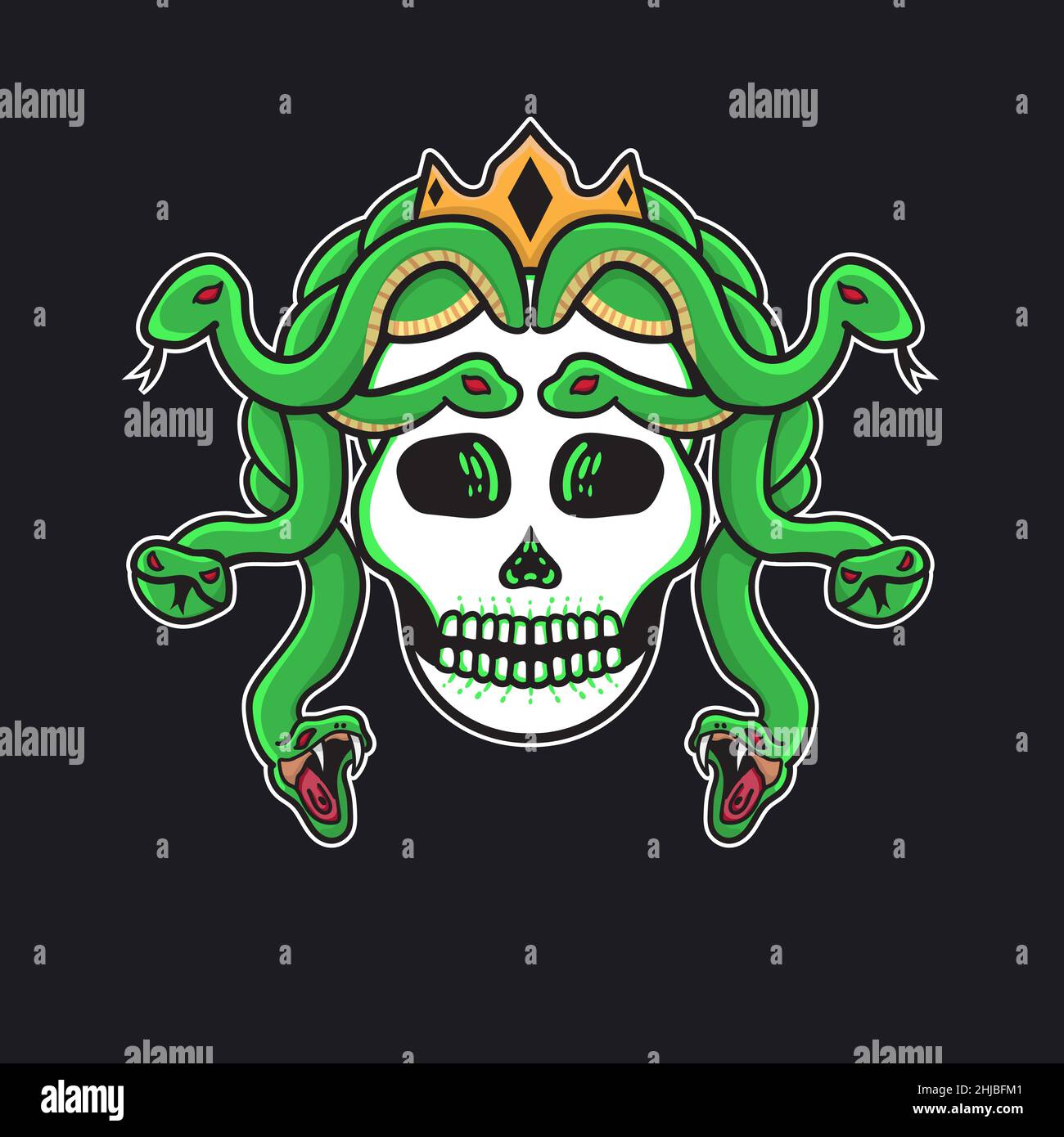 vector illustration hand drawn tattoo skull medusa good for t-shirt Stock Vector