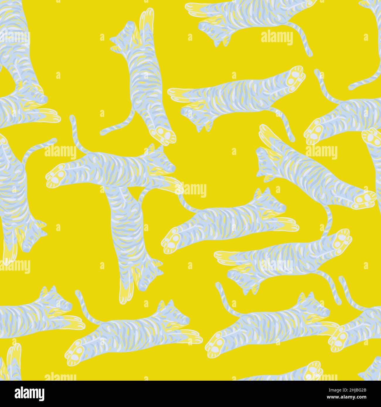Bright seamless pattern with blue random tiger silhouettes. Yellow background. Safari animals artwork. Flat vector print for textile, fabric, giftwrap Stock Vector