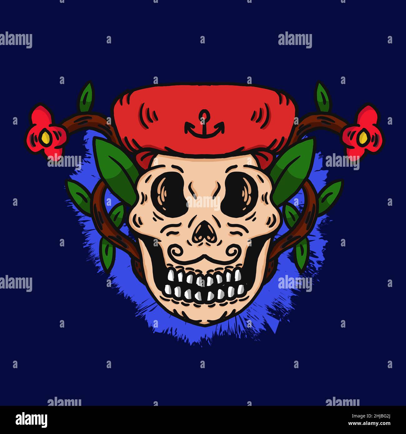 vector illustration hand drawn skull of a good mustache pirate for logo ...