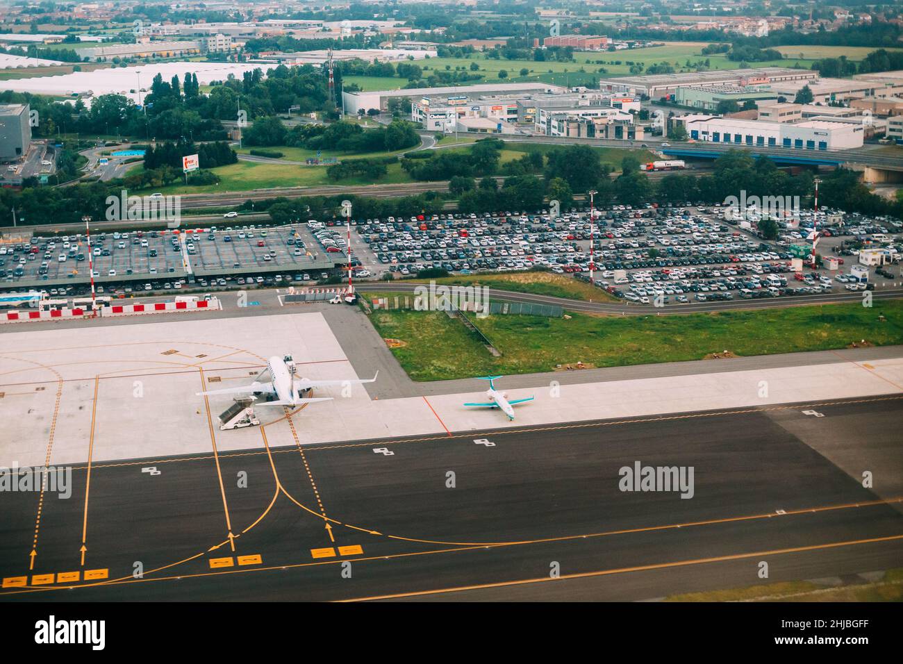 Bergamo, Italy. Aerial View Of Runway Of Orio Al Serio International Airport. Il Caravaggio International Airport Stock Photo