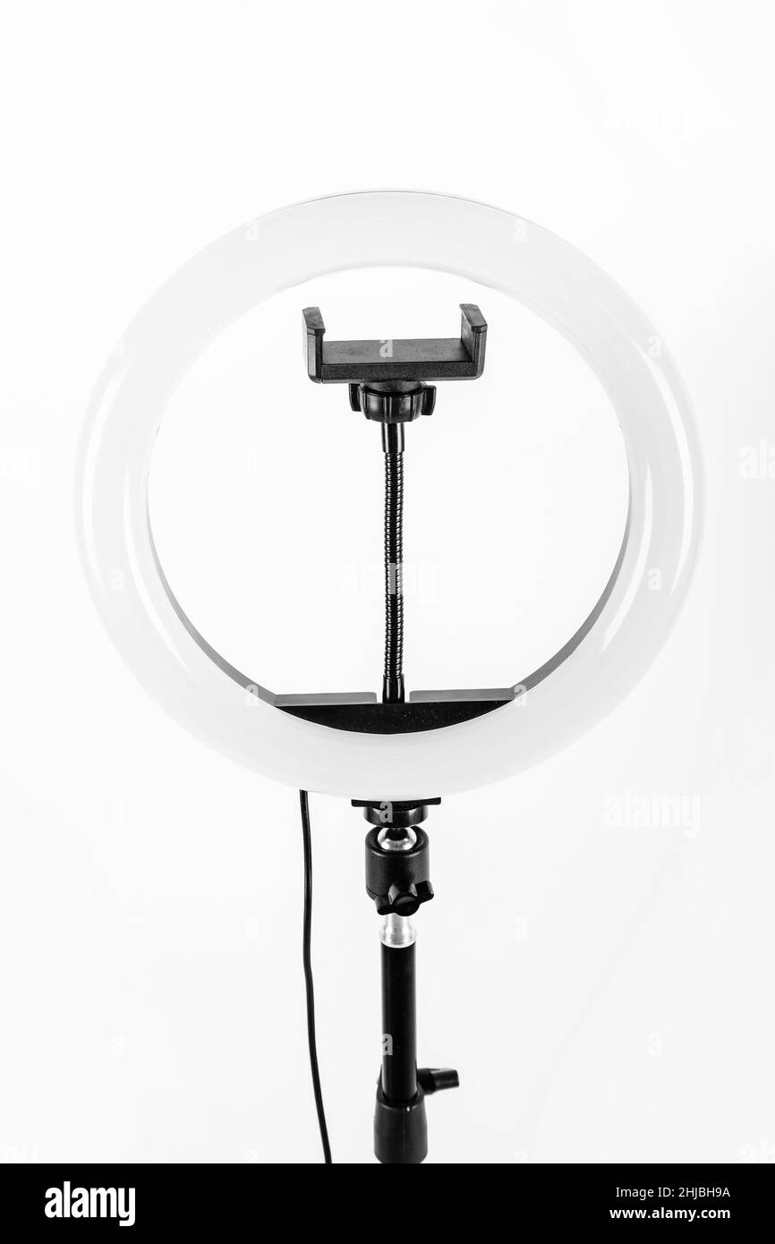 LED ring lamp on a white background. Closeup Stock Photo Alamy