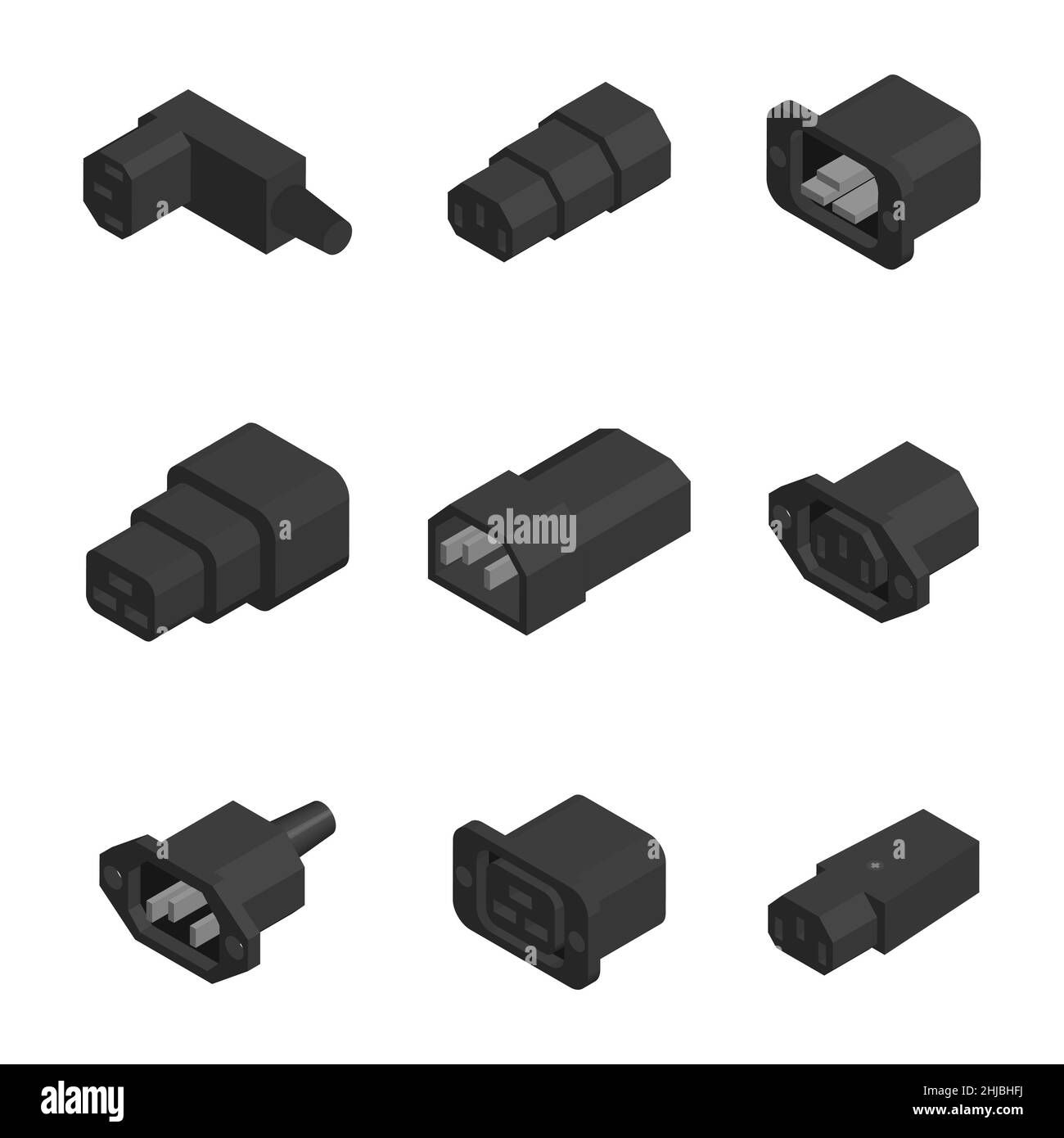 Various types of power cords and plugs. Flat 3D isometric style, vector