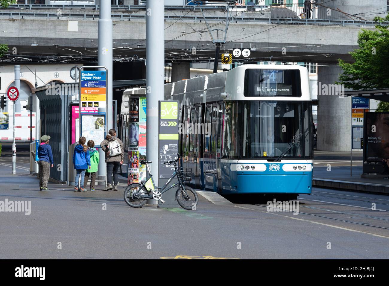 Zurich, Switzerland - May 23rd 2021: A modern tram car Flexity stopping at Escher-Wyss-Platz Stock Photo