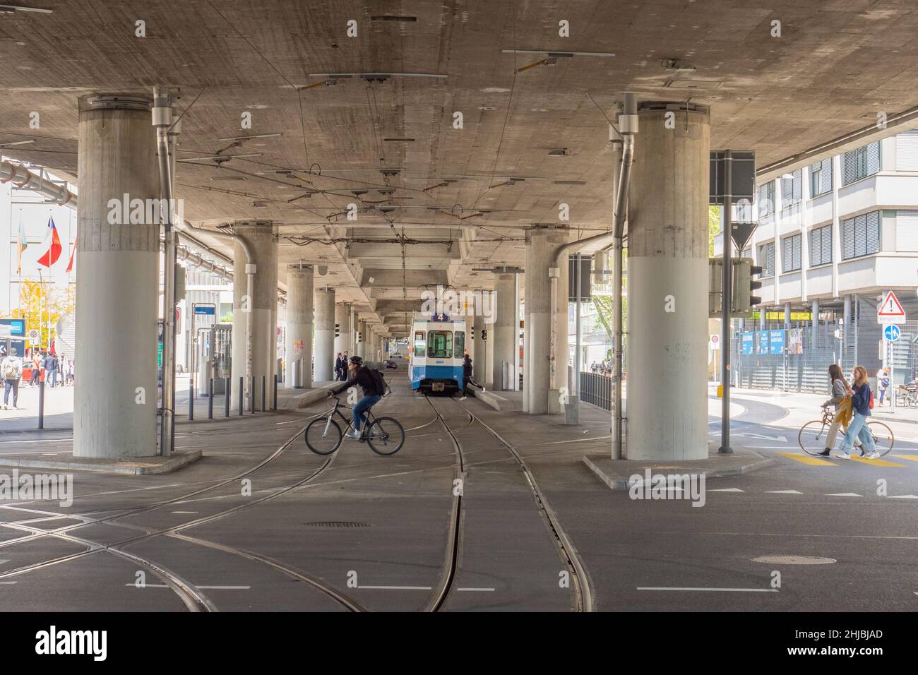 Zurich, Switzerland - May 23rd 2021: Traffic situation under the concrete viaduct of a main arterial road Stock Photo