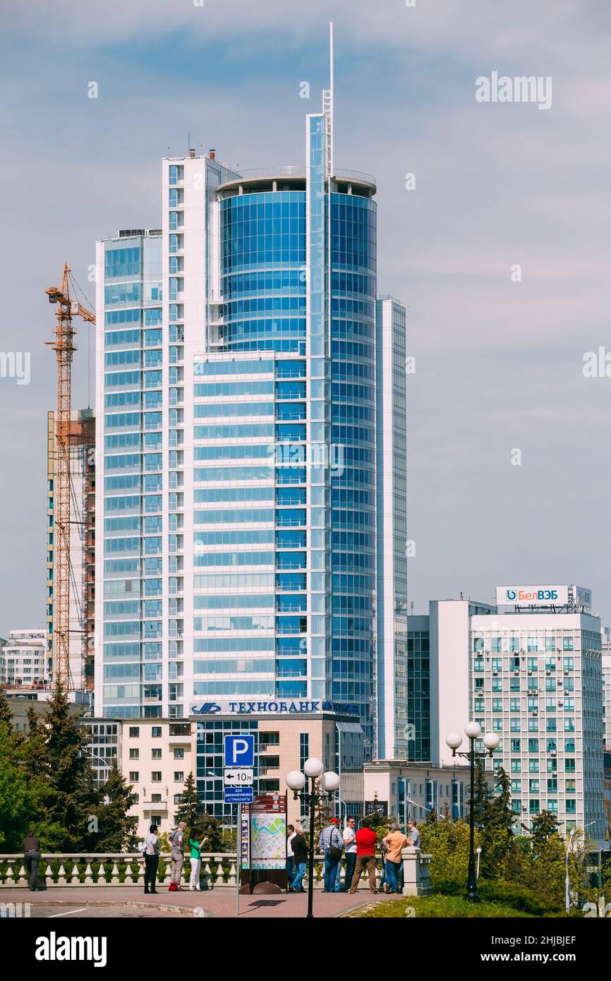 Business Center Royal Plaza - Skyscraper on Pobediteley Avenue in district Nemiga in Minsk, Belarus Stock Photo