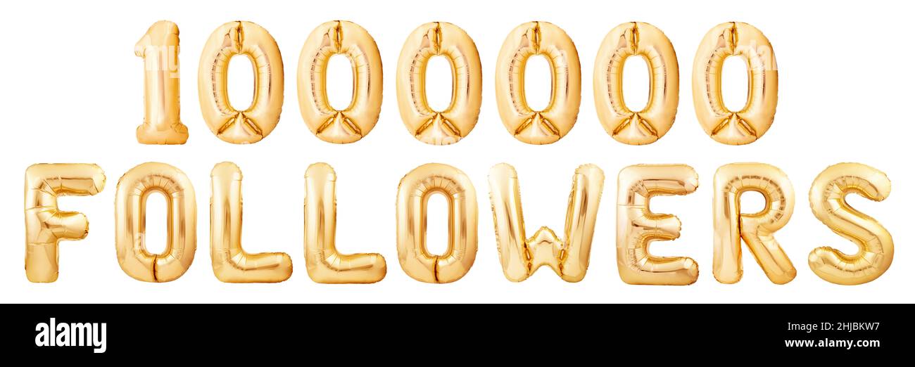 One million followers made of golden inflatable balloon letters isolated on white background Stock Photo