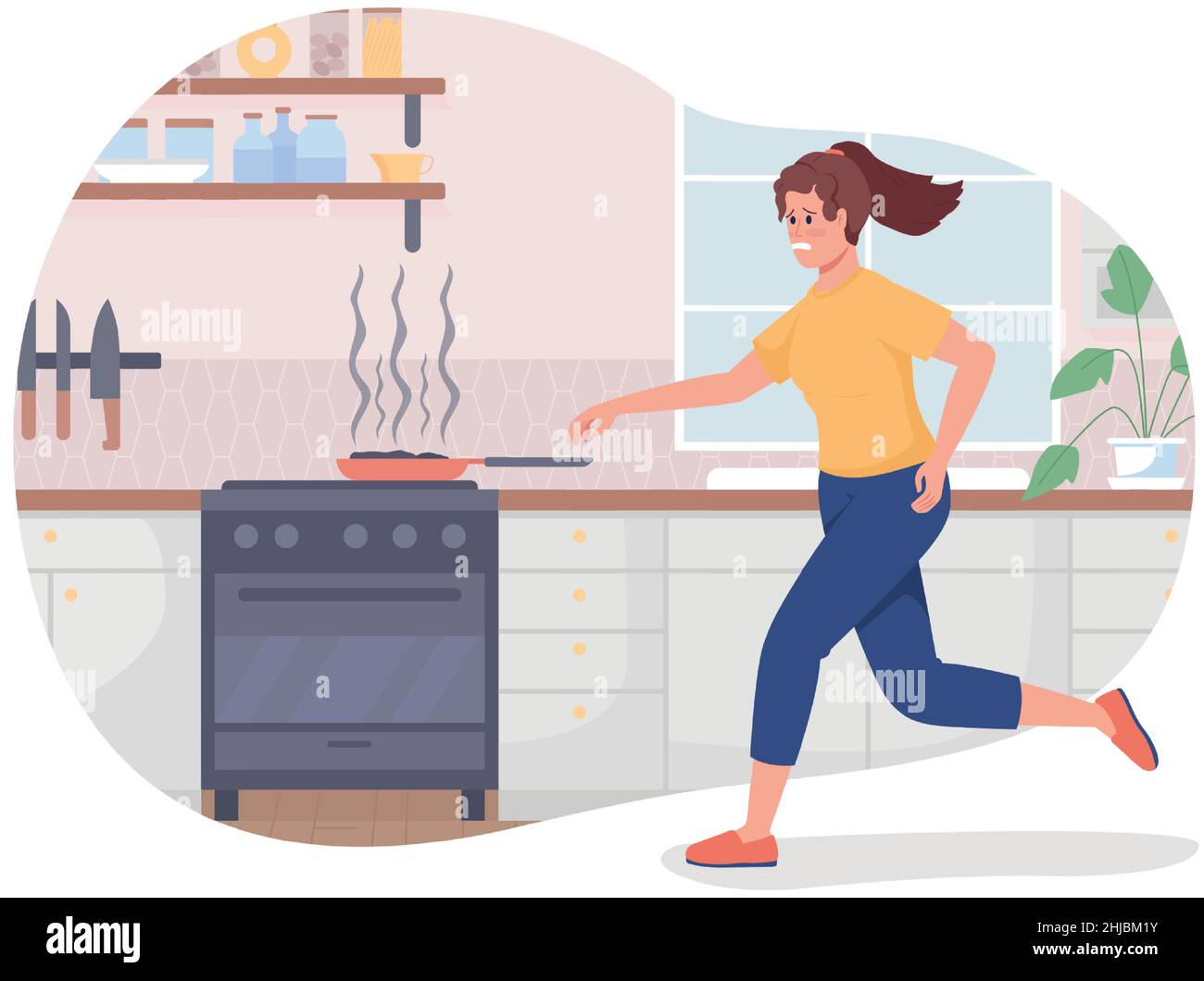 Burning food on stove 2D vector isolated illustration Stock Vector