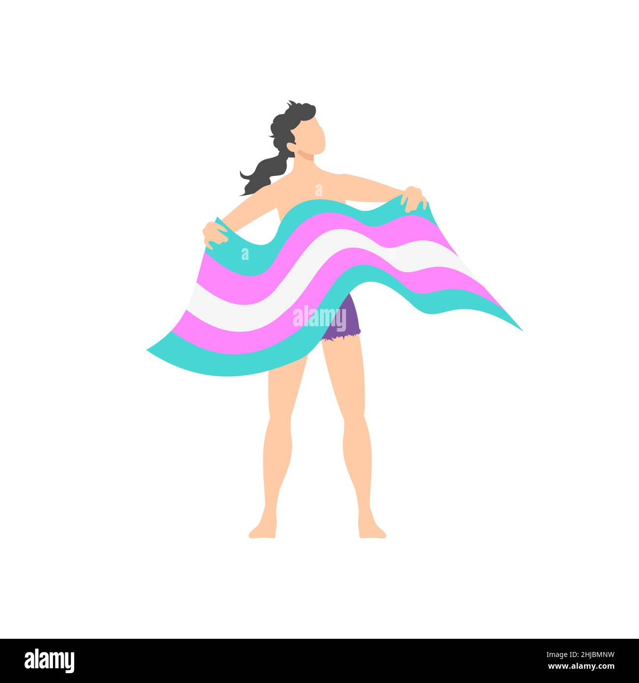 Transgender non-binary long haired brunet person with head proudly raised, in ripped shorts, holding a waving transgender community flag Stock Vector