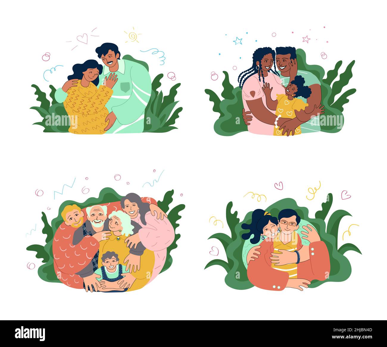 Four happy families hugging. Latin american, african american, european, caucasian, asian. Parenthood, pregnancy, couples, elderly and young people Stock Vector