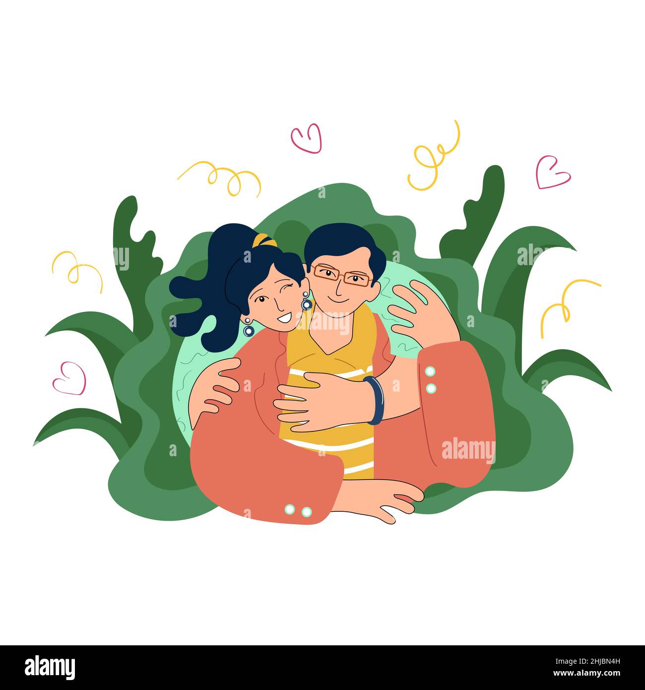 Happy young asian family hugging. Joyful girl with ponytail winking and hugging a guy in glasses. Woman and man together. Doodle style vector Stock Vector
