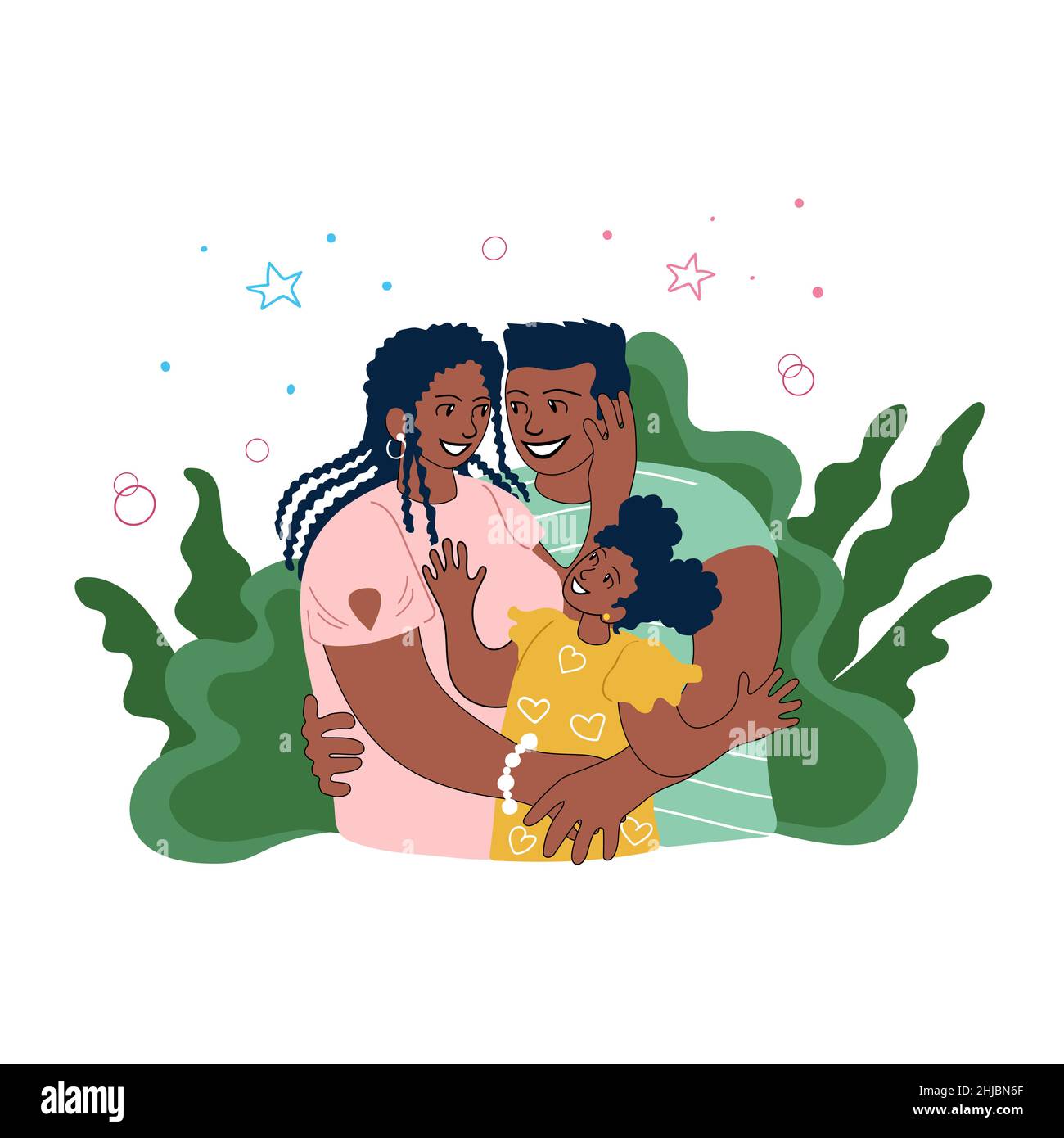 Young African American family couple gently holding hands around their happy little daughter Stock Vector